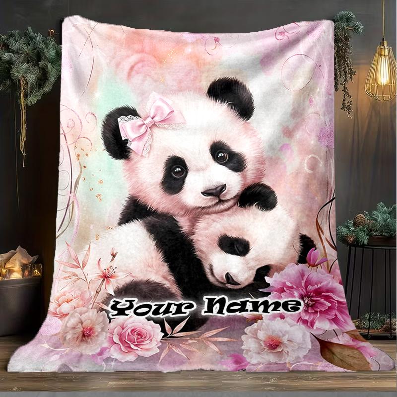 1PC Custom Name Panda Love Flowers Artwork flannel blanket versatile,all-season throw suitable for the living room,bedroom,camping,travel,and gift