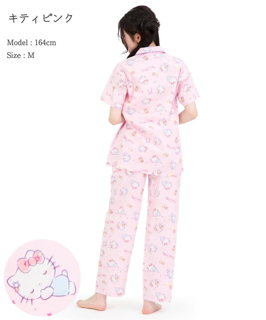 SAZAC Sleepy Hello Kitty Shirt Cotton Short Sleeve and Long Pants Set Pajamas, 100% Broadcloth, Women's (Pink/L/SAN1945)