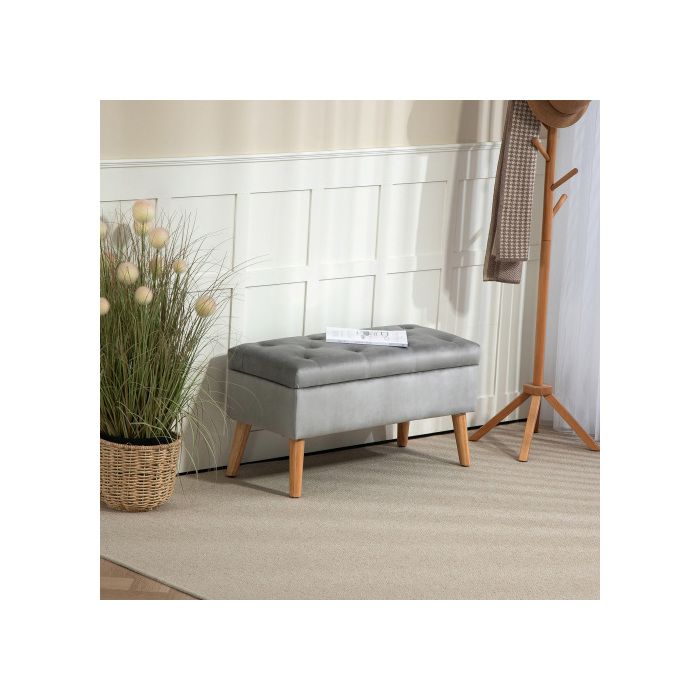 Banc de rangement - MUVOE - 102x35x43 cm - Bois d'hévéa - Gris - Rembourré velours