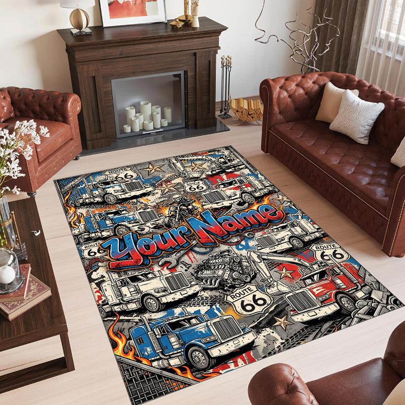 Truck Theme Crystal Velvet Rug Personalized Custom Name Text Soft Floor Mat Home Decor