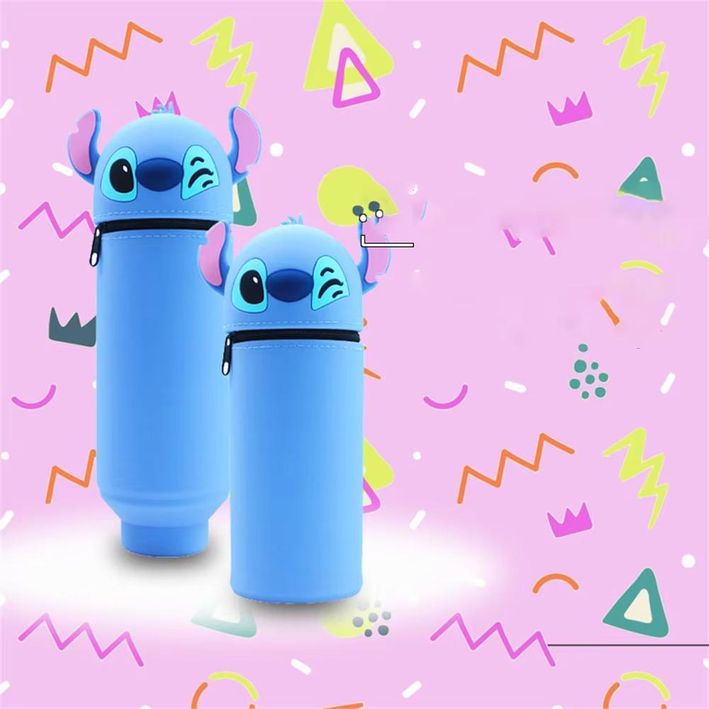 MINISO Kawaii Stitch Silicone Retractable Pencil Case Fashion Upright Pen Container Cartoon Pen Box Student Stationery Supplies