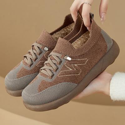 Женские зимние теплые вязаные кроссовки на платформе с подкладкой из искусственного меха, повседневная нескользящая обувь для ходьбы для женщин, удобные короткие ботинки на шнуровке для снега