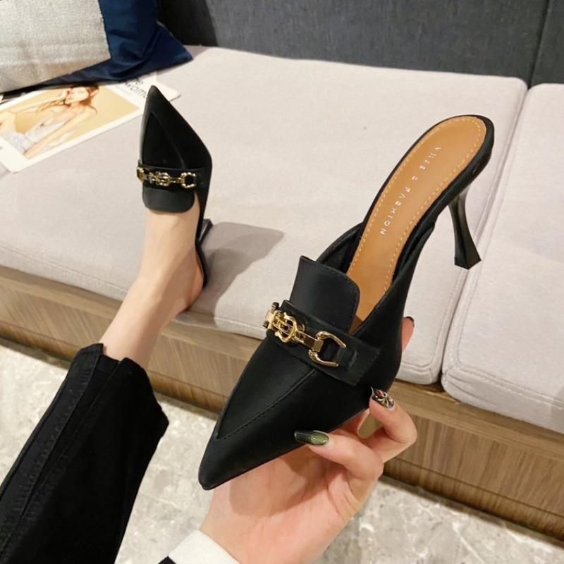 High Heel Sandals Women Summer New Fashion Baotou Half Slippers Women's Outwear Pointed Slippers Women