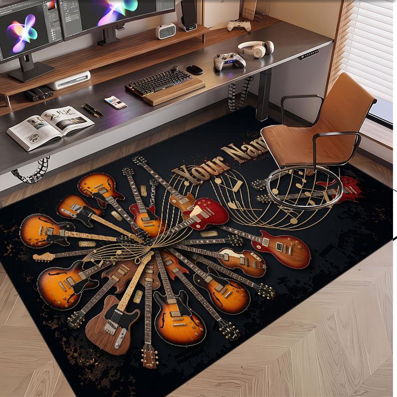 Music Guitar Theme Soft Crystal Velvet Rug Custom Name & Text Print Non Slip Floor Rug for Bedroom Living Room