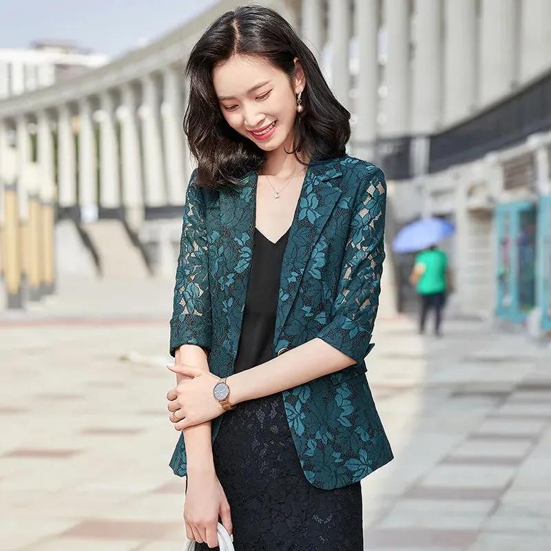 Lace Suit Coat Women's Large Korean Version Spring and Summer Three-quarter Sleeve Top Sunscreen Shirt Cut-out Thin Suit