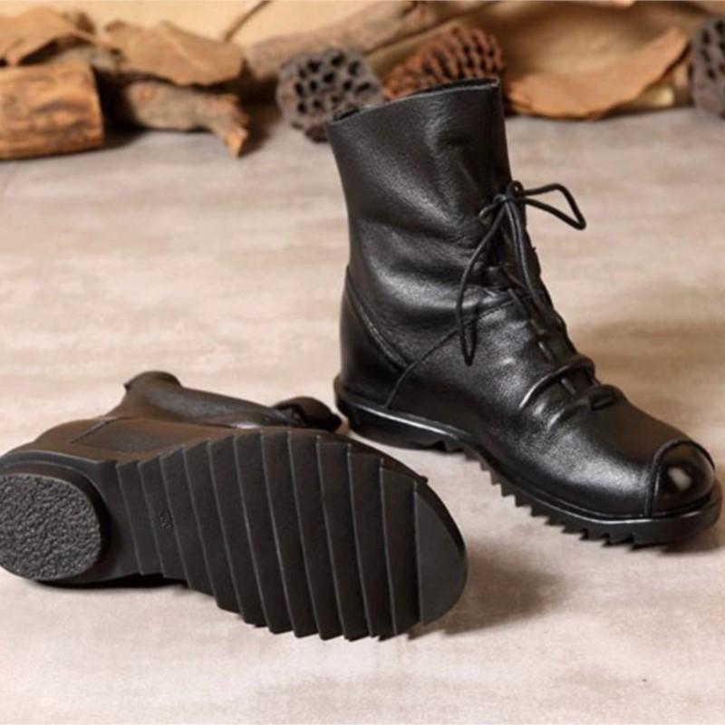 Johnature Ботильоны из натуральной кожи на мягкой подошве, универсальные черные, на шнуровке, с молнией сзади, теплые женские ботинки