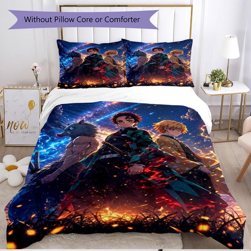 3pcs Duvet Cover Set (1*Duvet Cover + 2*Pillowcase, Without Core), Demon Slayer Print Soft All‑Season Bedding Set, Home Bedroom Decor Gift