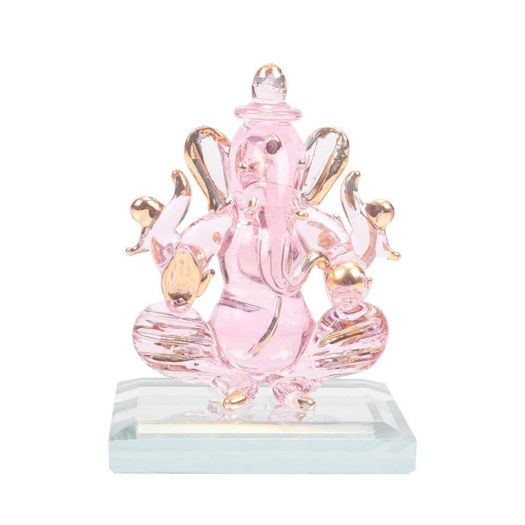 God Ganesh Sitting with Base Statue (Murti) Idol Showpiece Handmade of Crystal Glass by for Worship, Decoration, Car Dashboard, Gift (Clear), Small