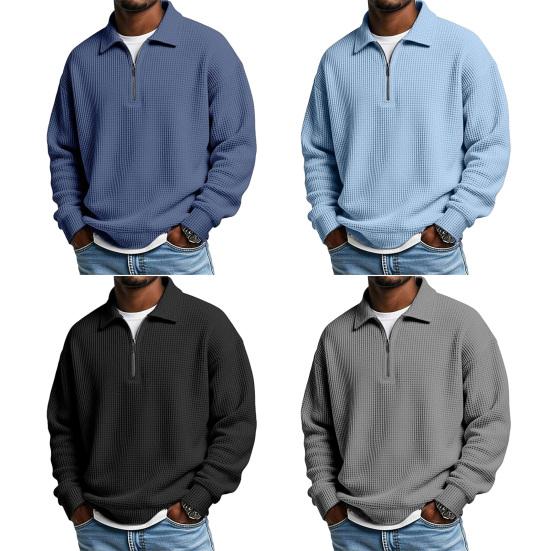 Мужской свитшот, вафельная текстура, длинный рукав, молния до середины, классический отложной воротник, пуловер, однотонный, свободный крой, повседневный спортивный топ