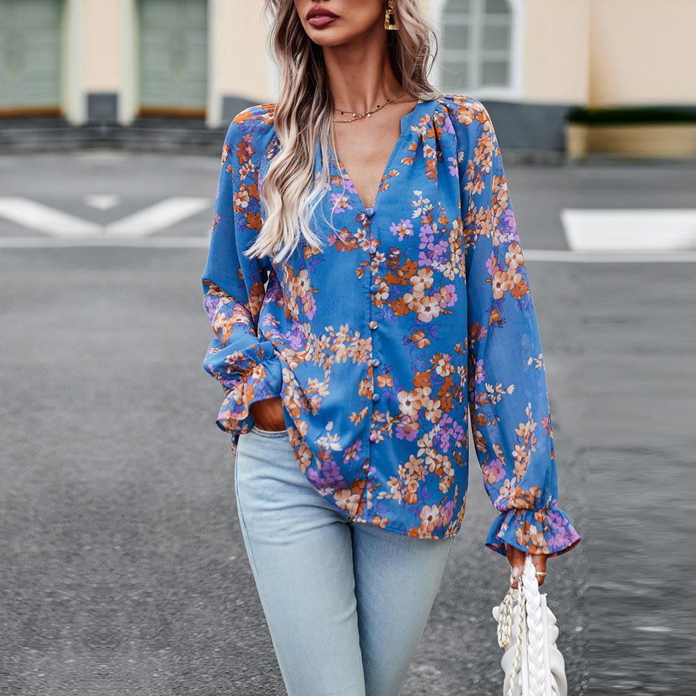 Women's Autumn V Neck Lantern Sleeve Button Elegant Fragmented Blouse Shirt Floral Tops