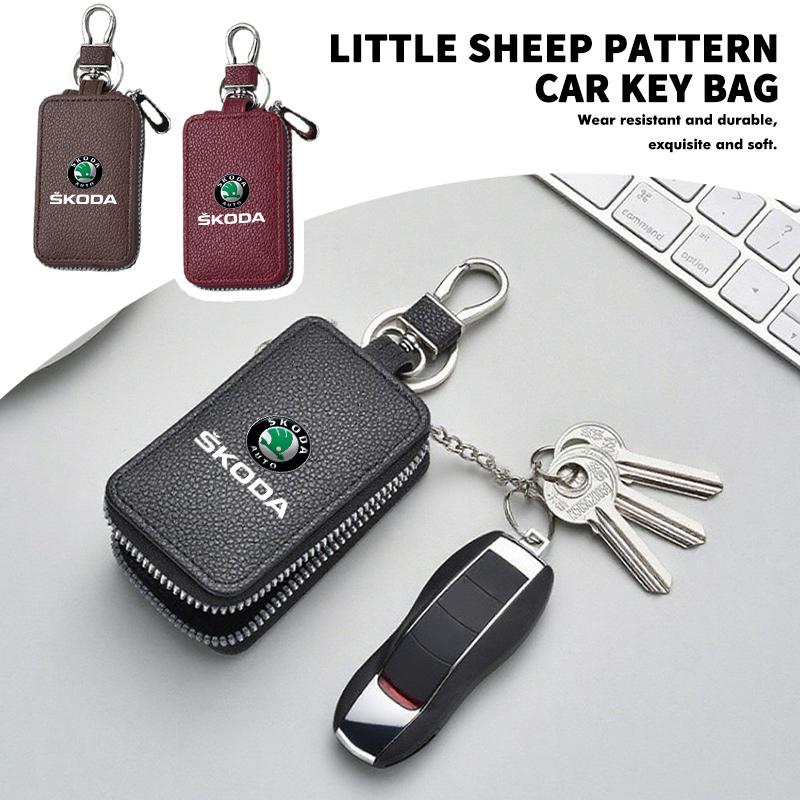 Leather Car Keychain Bag Organizer Key Zipper Case Bag Protection Cover For Skoda S Kodiaq Octavia 2 3 Yeti Karoq Rapid FabiaAS2