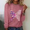 Butterfly Pink Ribbon Letter Pattern Fall Cotton Long Sleeves T Shirt Women's T-shirts Casual Loose O-neck Women Clothing Tops