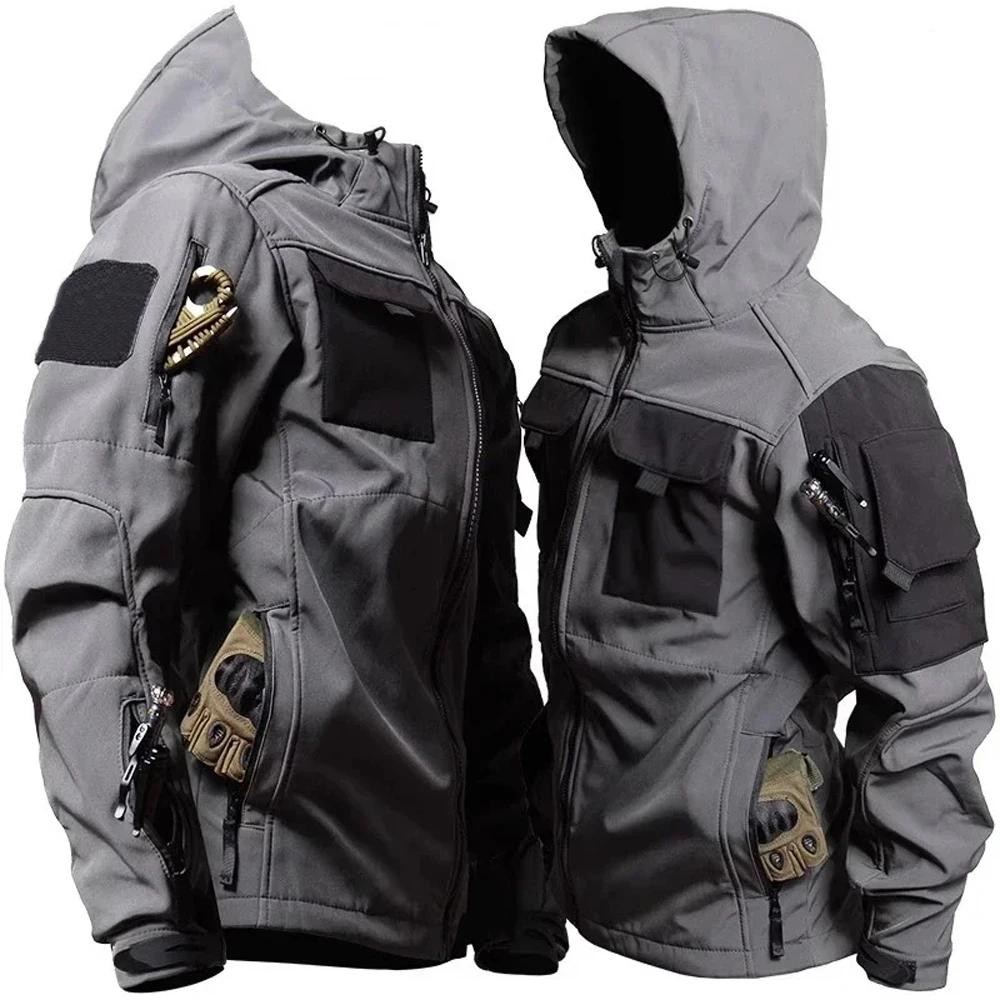 Windbreaker Work Wear Soft Shell Multi-pockets Jackets Men Outdoor Waterproof Hood Motorcy Tops Winter Plus Size