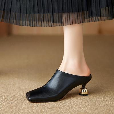 Модная женская обувь Новая весна/лето Квадратный носок Натуральная кожа Овчина Баотоу Высокий каблук Большие Мюли Полушлепанцы Каблуки Женщины