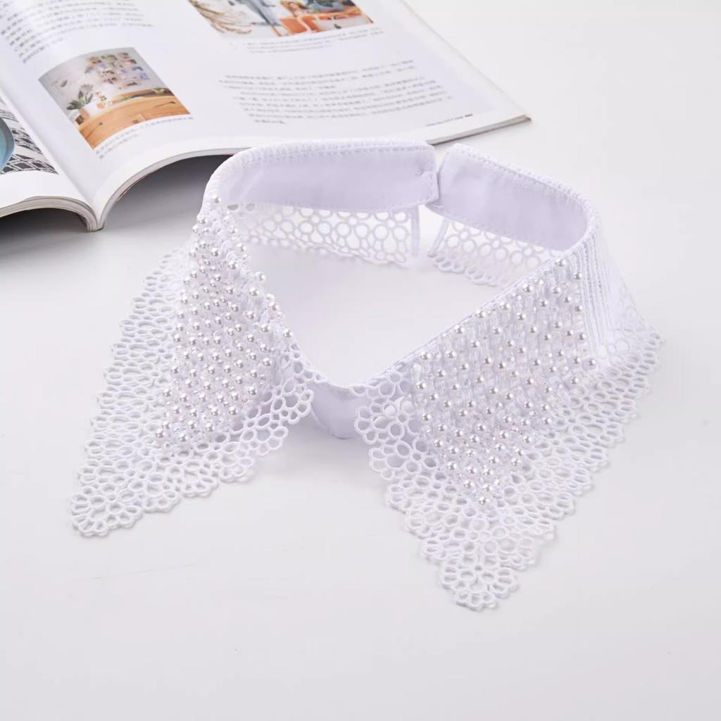 Lace Black White Detachable Fake Collar Beaded Tie Shirt Women's Blouse Top Dickey Detachable Lapel Fashion Accessory