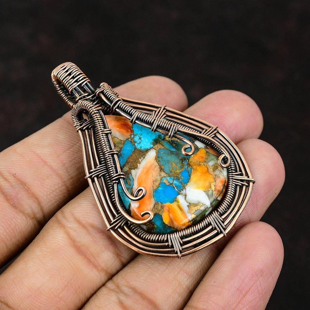 Колючая устрица Медь Бирюза Драгоценный камень Кулон Медная проволока Обернутая подвеска Ювелирные изделия ручной работы Дизайнерские ювелирные изделия Подарок Медный кулон для женщин