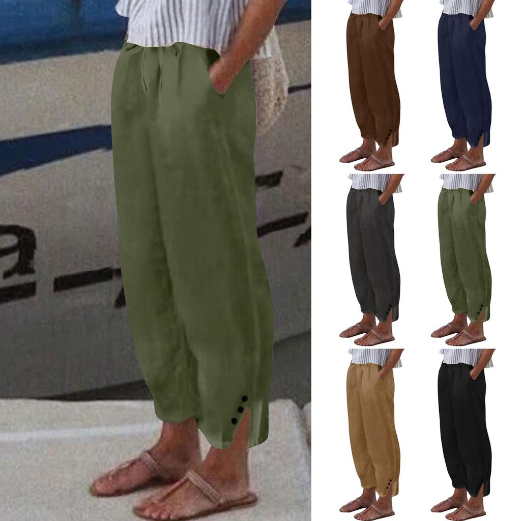 Женские льняные укороченные брюки - повседневные брюки с разрезом на пуговицах