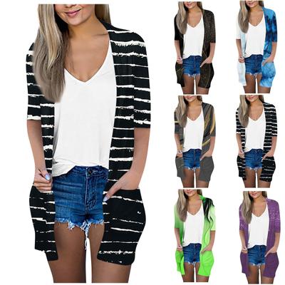 Женский модный свободный повседневный кардиган с карманом и принтом, куртка с седьмым рукавом, топ