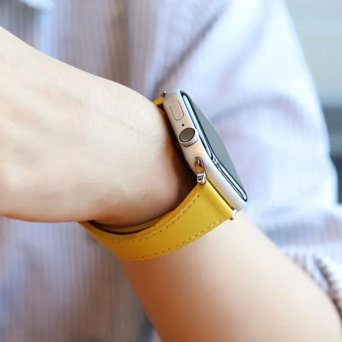 Тонкий кожаный ремешок для Apple Watch, совместимый со всеми моделями SE (Мимоза)