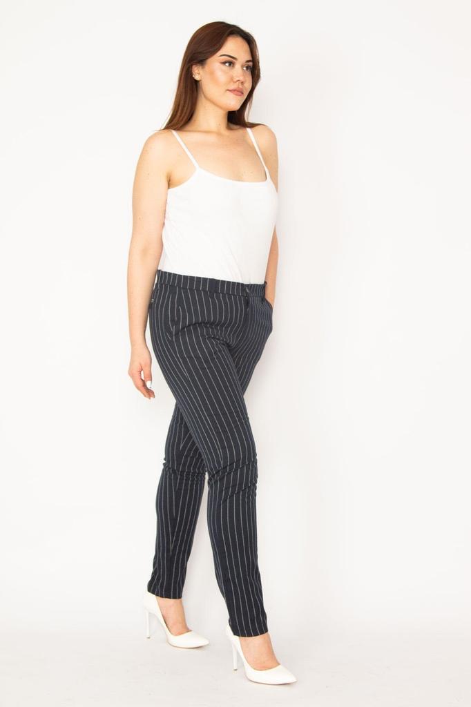 Women's Style Plus Size Pants Big Size Navy Blue Striped Classic Trousers With Side And Back Flap Pockets