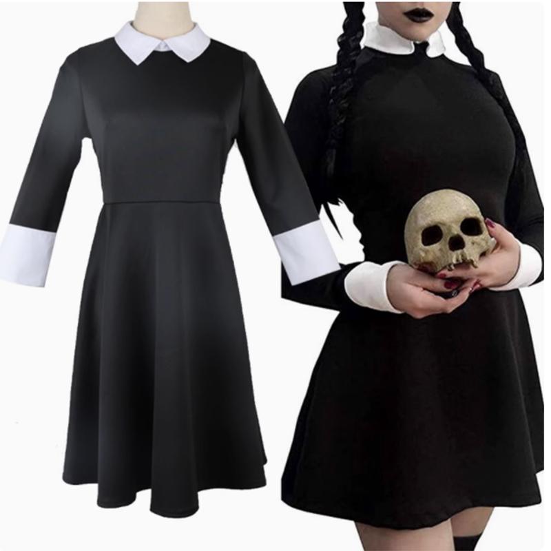 Anime Wednesday Addams Family Cosplay Costume Dress Kids Girl Wednesday Cosplay Costume Black Gothic Family Cotume