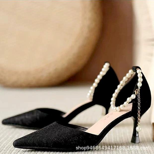 Женские туфли на высоком каблуке-шпильке на весну и лето, полые одинарные туфли, маленькие сандалии Baotou в стиле феи с жемчугом