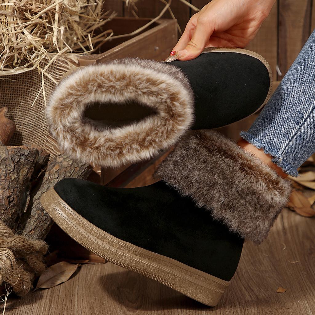 Fashion Shoes for Women Winter New Slip On Women Boots Round Toe Solid Flock Plush Warm Mid Heel Casual Snow Boots Women Botas De Mujer