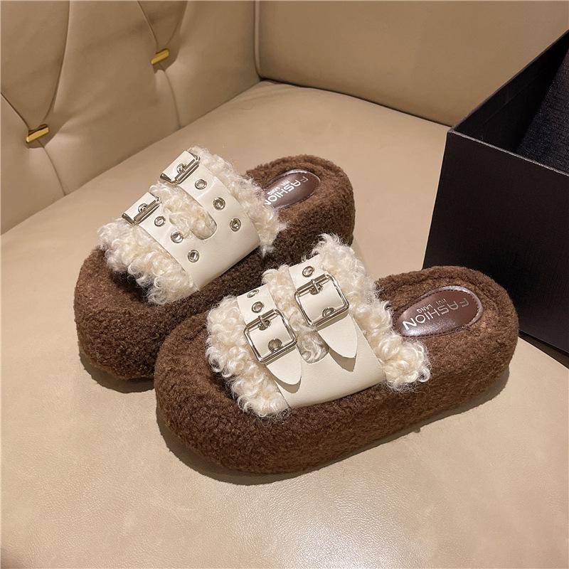 Женские тапочки Mao Mao на толстой подошве, уличная обувь 2025, новая осенне-зимняя модная обувь с плюшевой хлопковой подкладкой на ремешке с пряжкой, красная обувь Mao Mao