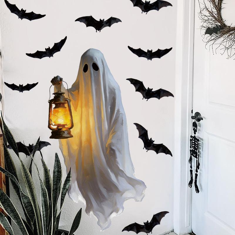 Halloween Lantern Ghost Wall Sticker Horror Bat Self-Adhesive PVC Sticker Holiday Party Decorative Window Sticker