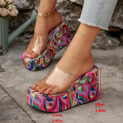 Мода Comemore Красочные Босоножки на танкетке Шлепанцы Женские Летние Туфли на высоком каблуке ПВХ Прозрачный ремешок Шлепанцы Повседневные С открытым носком Платформа Сандалии
