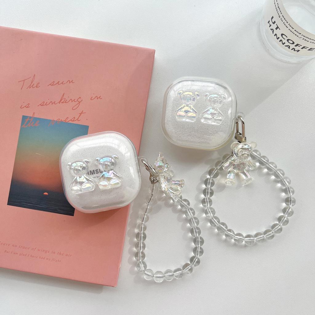 Прозрачный чехол для наушников с 3D медведем и милым мультяшным принтом для Samsung Galaxy Buds 2 Pro Live, чехол для Galaxy Buds2 Pro, полная защита с жемчужным ремешком