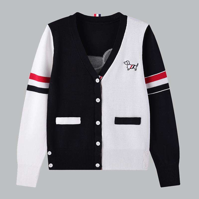 Весна Осень V-образный вырез Вышивка Собака Вязаный свитер Пальто Куртка Женская мода Контрастный цвет Длинные рукава Джемперы