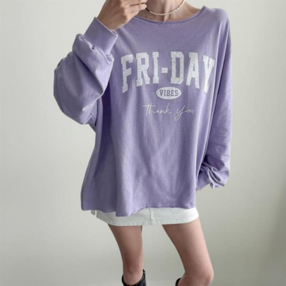 New Arrivals Open Run Women Fabric Lip Neck Oversized Long Sleeve T shirT leTTer