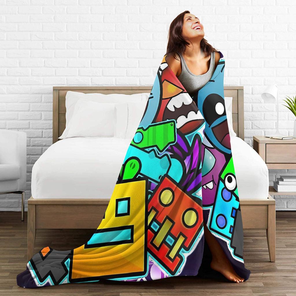 Warm BlanketStudents Camping Geometry Dash Gaming Game Throw Blanket  Flannel Bedspread For Couch Bed Funny Sofa Bed Cover
