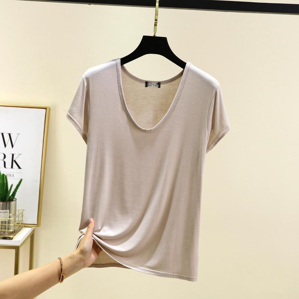 Женская летняя футболка из модала с коротким рукавом и овальным вырезом - Однотонная, Повседневная, Свободная, Приталенная, Универсальный топ