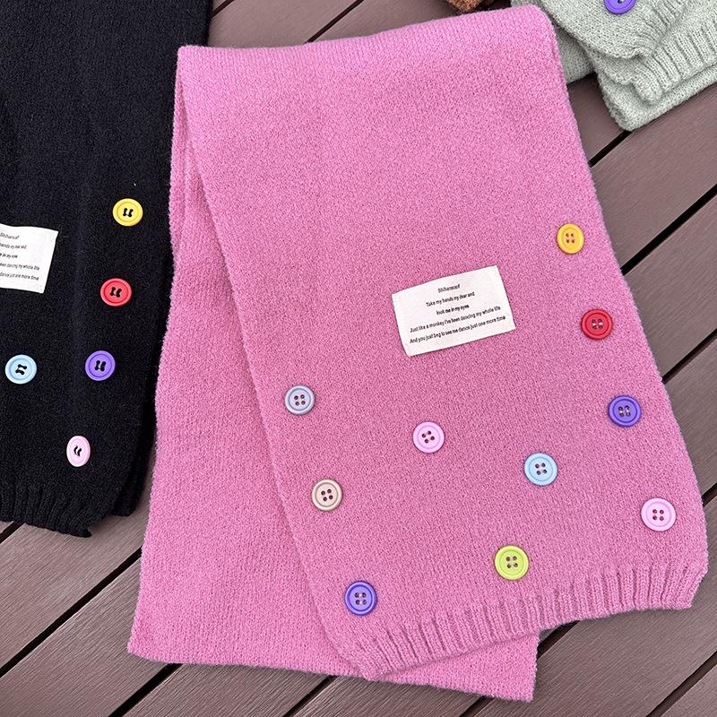 Luochi Knitting~Милый Пуговичный Шерстяной Шарф в Корейском Стиле – Универсальный, Утепленный Шейный Платок, Однотонный, Милый Зимний Аксессуар.