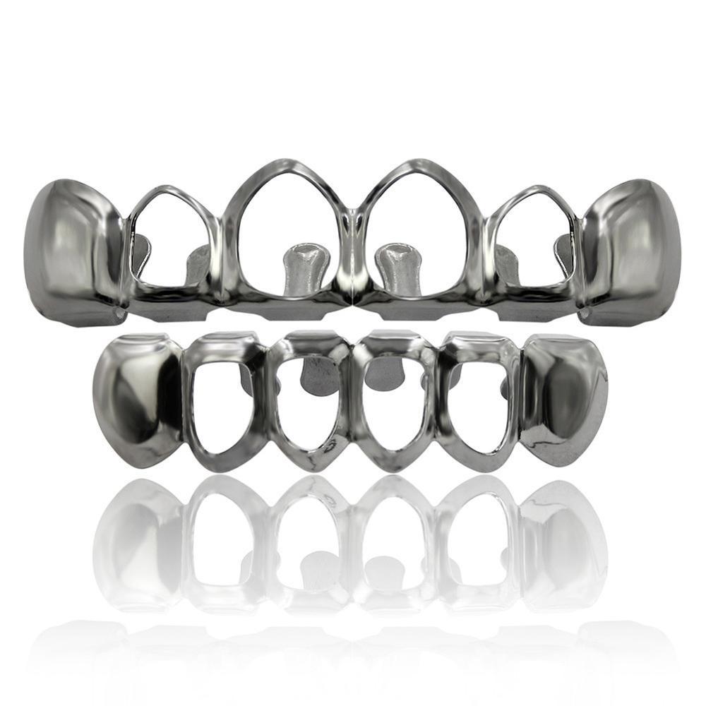 S925 Sterling Silver Hip Hop Teeth Grillz for Teeth Fashion Top Bottom Hollow Tooth Dental Grills for Unisex Jewelry Party Gifts