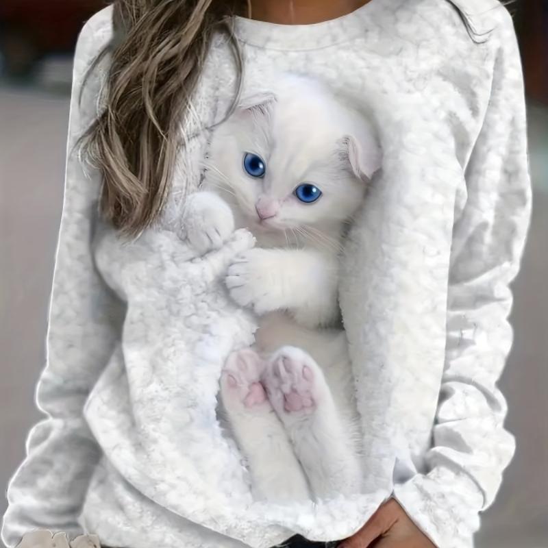 Женский свитер с круглым вырезом с милым котенком, осень 2023, новый женский топ, повседневный удобный свитер увеличенного размера
