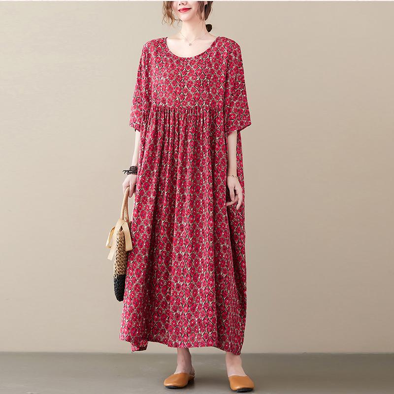 Johnature Женское платье с коротким рукавом и принтом, весна-лето, повседневное винтажное свободное платье с круглым вырезом, женские красные платья