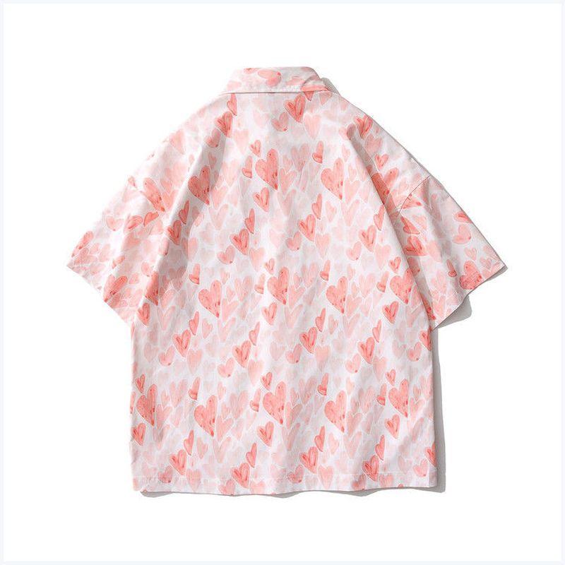 Harajuku Streetwear Vintage Heart-shaped Printing Design Short Sleeve Casual Loose Chain Single Breasted Oversized Blouses Shirt