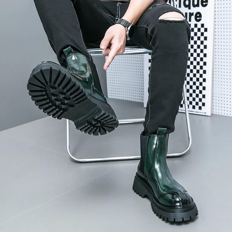 New Chelsea Boots for Men Green Black Patent Leather Round Toe Slip-On Shoes for Men with Size 38-44 Ankle Boots
