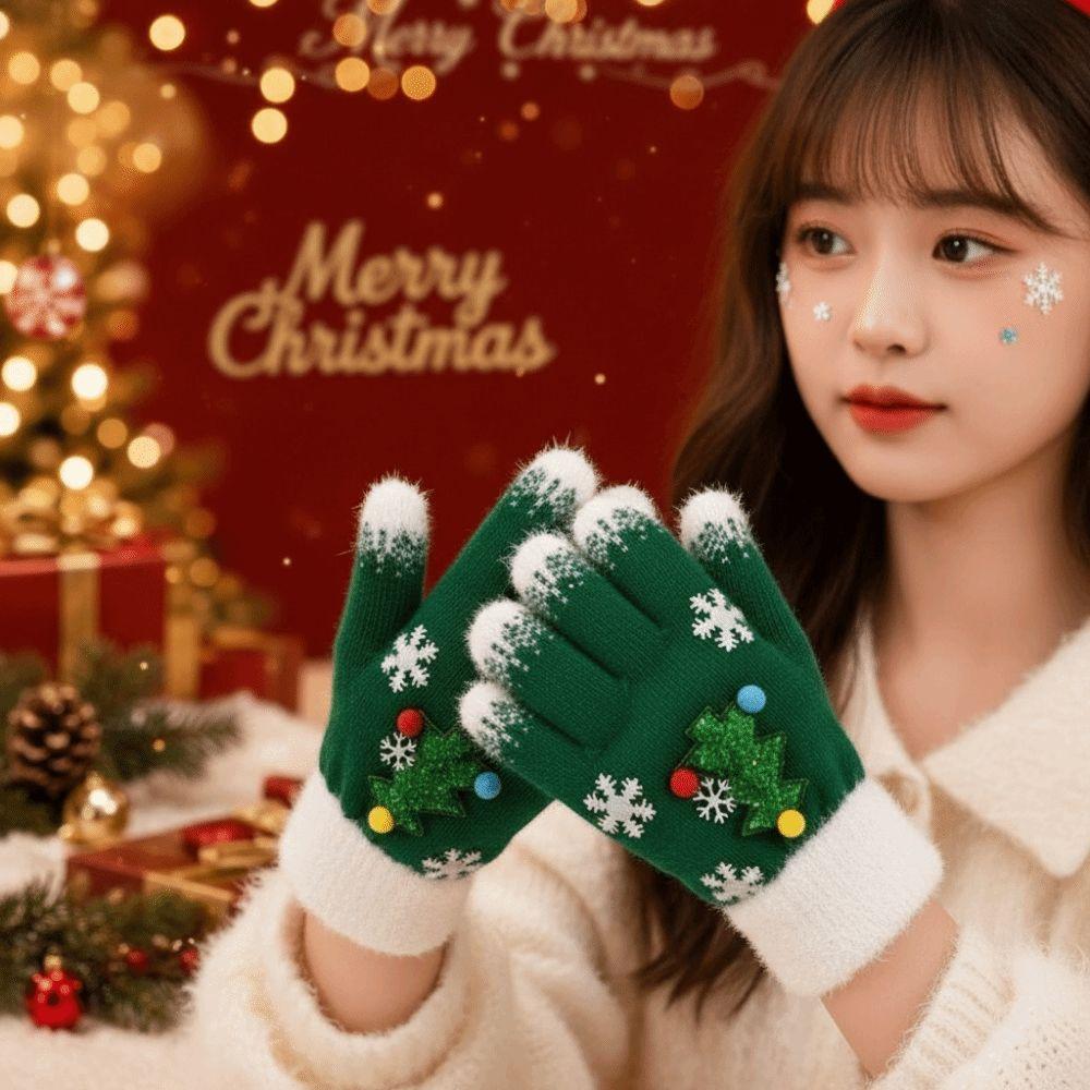 Red Green Winter Knit Mittens Knitted Woolen Full Finger Gloves Christmas Gloves Party Wear
