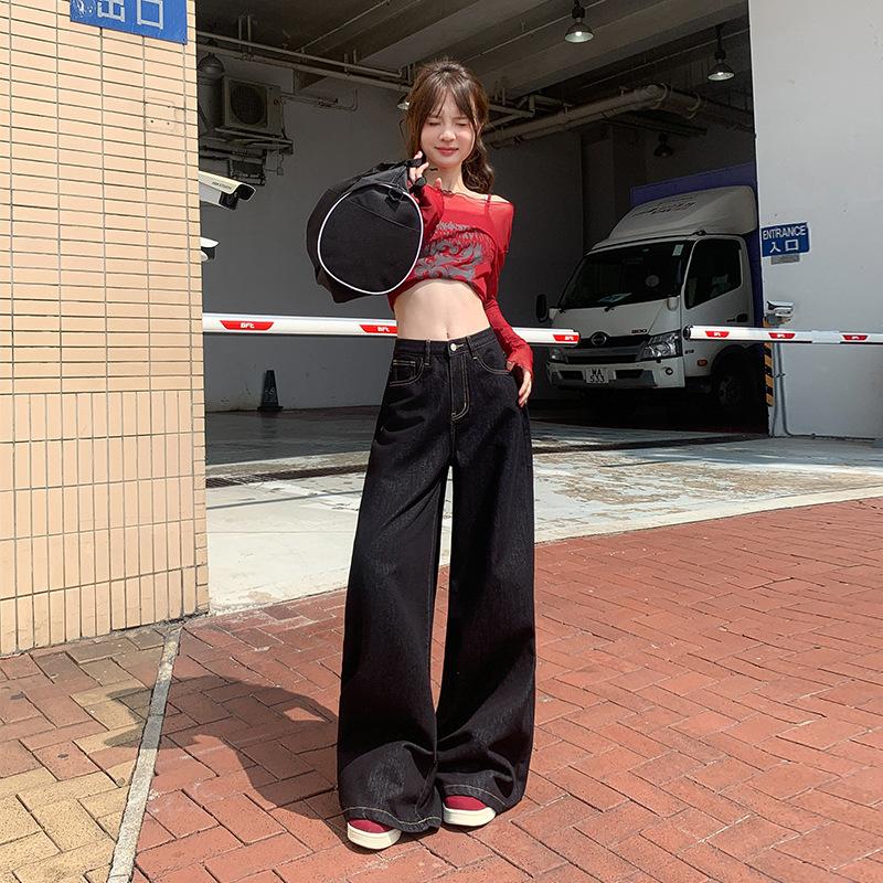Black wide-leg jeans women's autumn and winter new straight loose high waist lazy and thin floor long pants