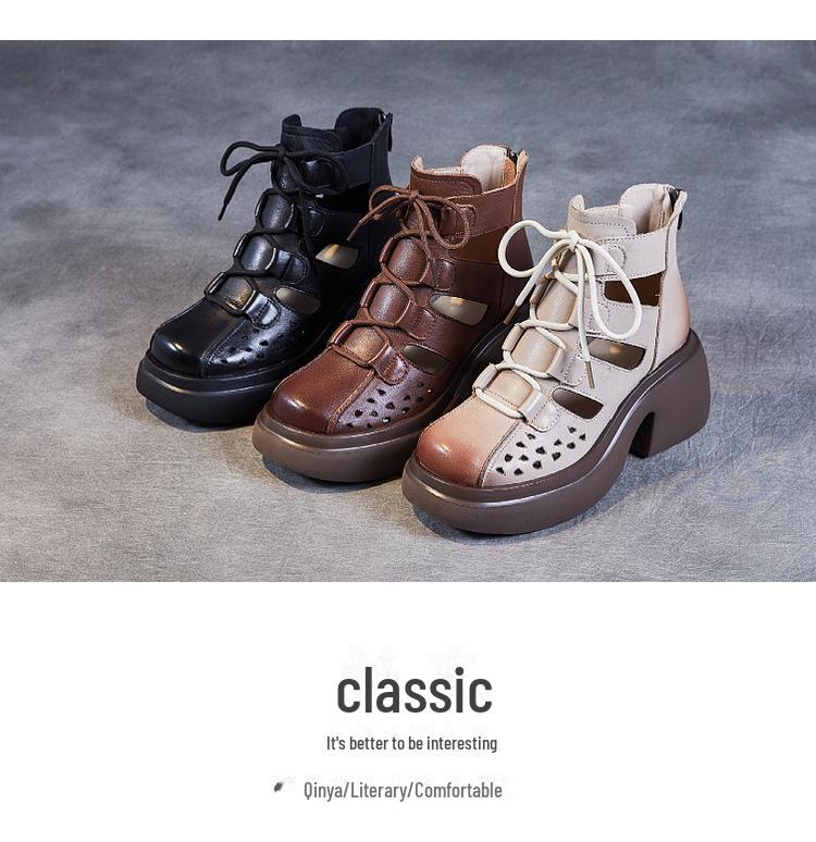 Женские ретро-римские сандалии из коровьей кожи: Коллекция лета 2024 г. — толстая подошва, ажурный дизайн, сетчатый стиль сапог