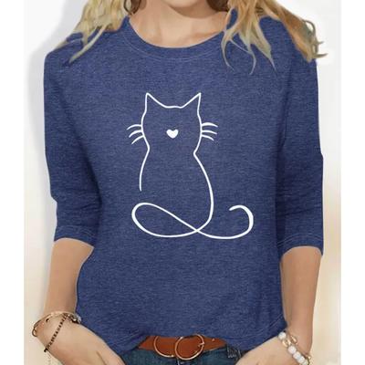 2025 Осень и Зима Женский Новый Повседневный Топ с Круглым Вырезом и Длинным Рукавом с 3D-Принтом Кошки