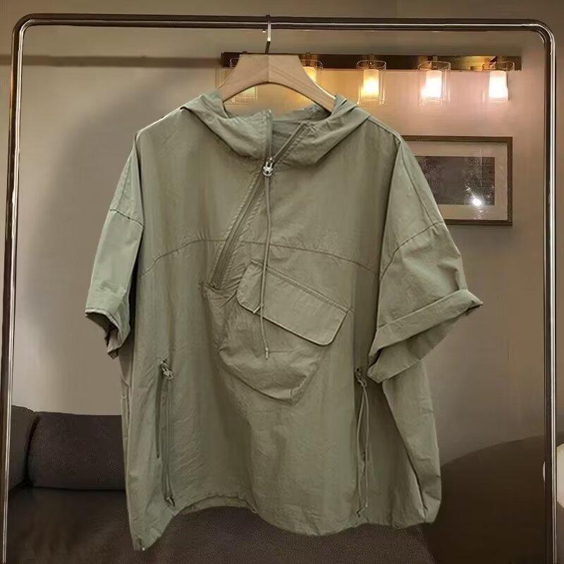 Мужская однотонная уличная толстовка с капюшоном на молнии с декоративным клапаном и карманом, свободный крой, короткие рукава, однотонная