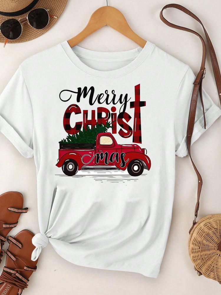 (Asian Size) Merry Christmas Tee Top Festival New Year Holiday Casual Lovely Letter Trend Women Print Lady Short Sleeve Fashion Graphic T-shirts