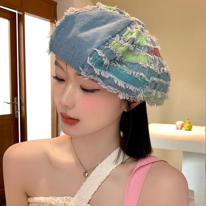 Versatile Face Small Old Star Anise Hat Trendy Blue Patch Beret Women's Washed Denim Beret