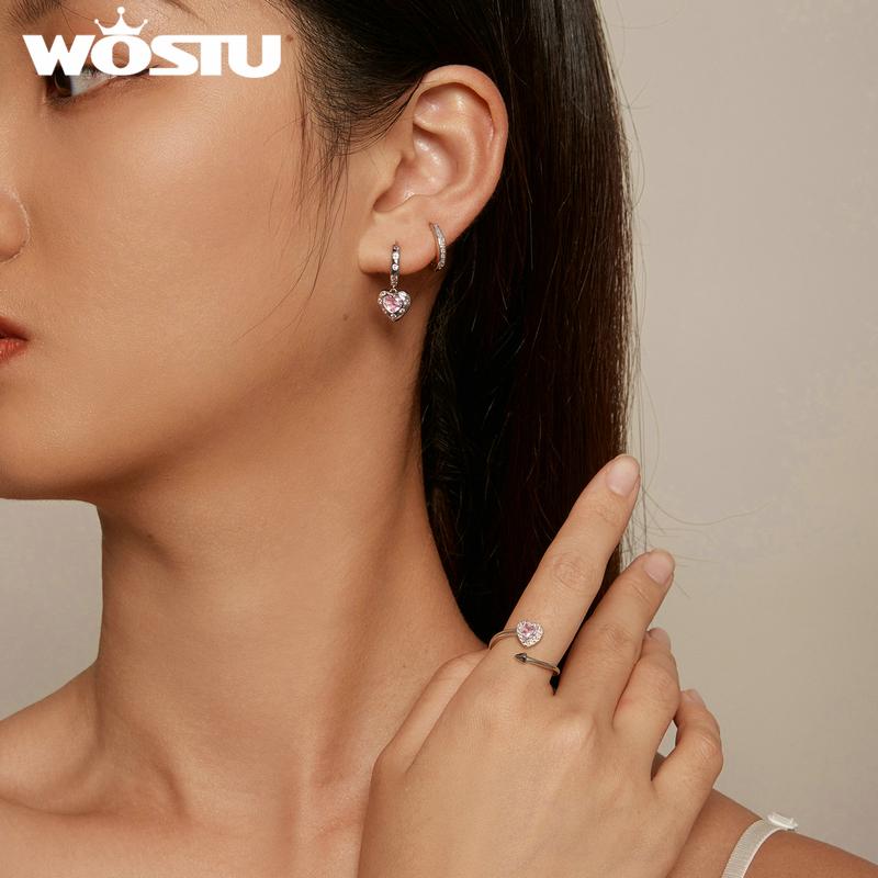 WOSTU Женские кольца из стерлингового серебра 925 пробы с розовым фианитом и сердцем Купидона, штабелируемые кольца, обручальные украшения для вечеринок, прекрасный подарок для нее