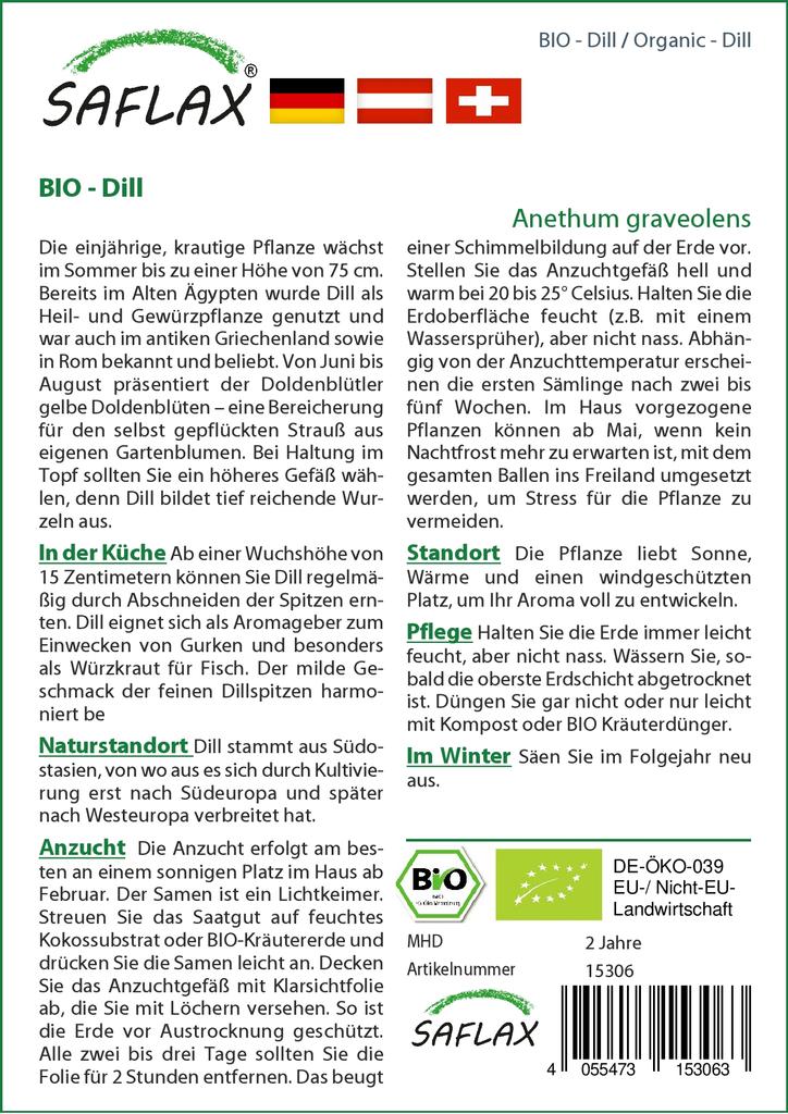 SAFLAX Garden in the Bag - Органический - Укроп - 700 семян - С субстратом в подходящем мешке - Anethum Graeolens